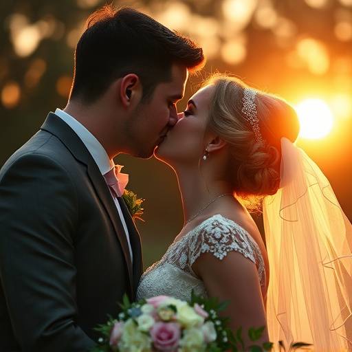 Fotografia de um casal se beijando apaixonadamente durante a cerimônia de casamento.