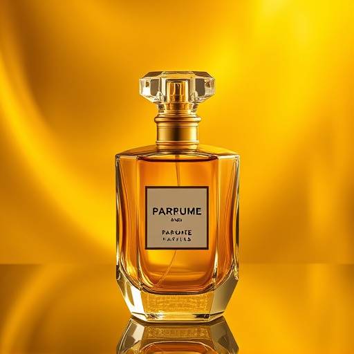 Fotografia de um perfume sofisticado em um fundo dourado, transmitindo luxo e elegância.