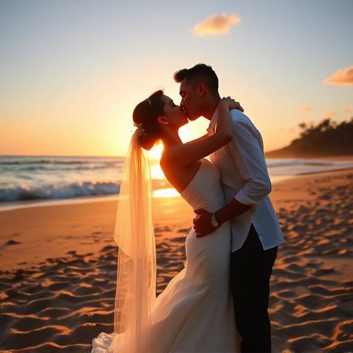Fotografias de um casal se beijando durante um casamento na praia em Salvador.
