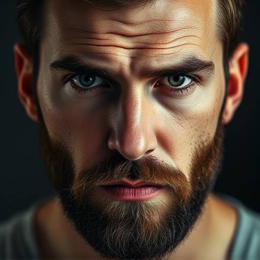 Retrato de um homem com barba, olhando para a câmera com uma expressão séria e focada.
