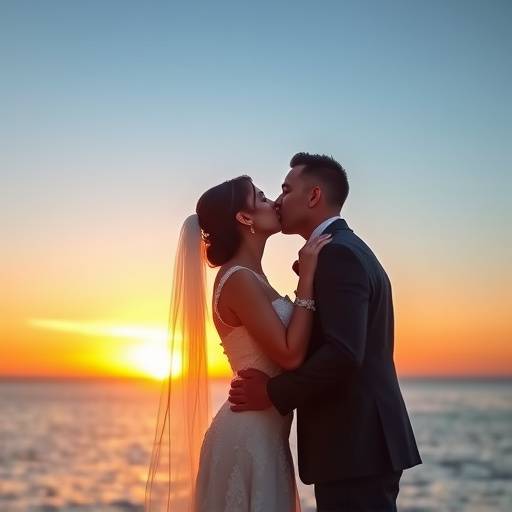 Um casal se beijando apaixonadamente durante seu casamento, com o pôr do sol no mar ao fundo.