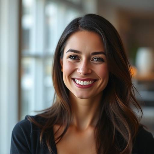 Uma mulher sorrindo em um retrato profissional com iluminaäão suave e fundo desfocado.